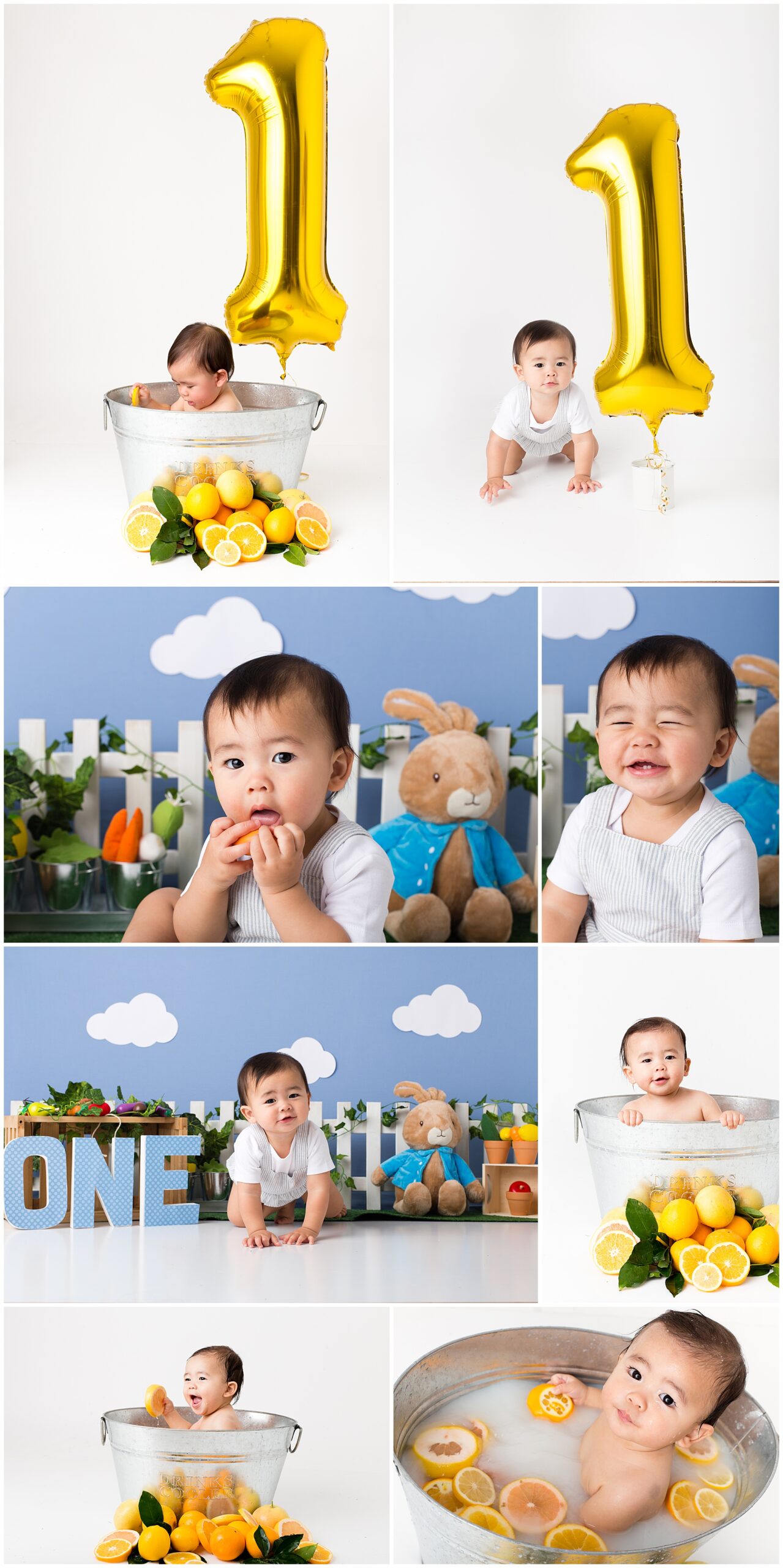 Fun, colourful photo sessions to celebrate baby first birthday with citrus fruit bath. Linda Hewell Photography